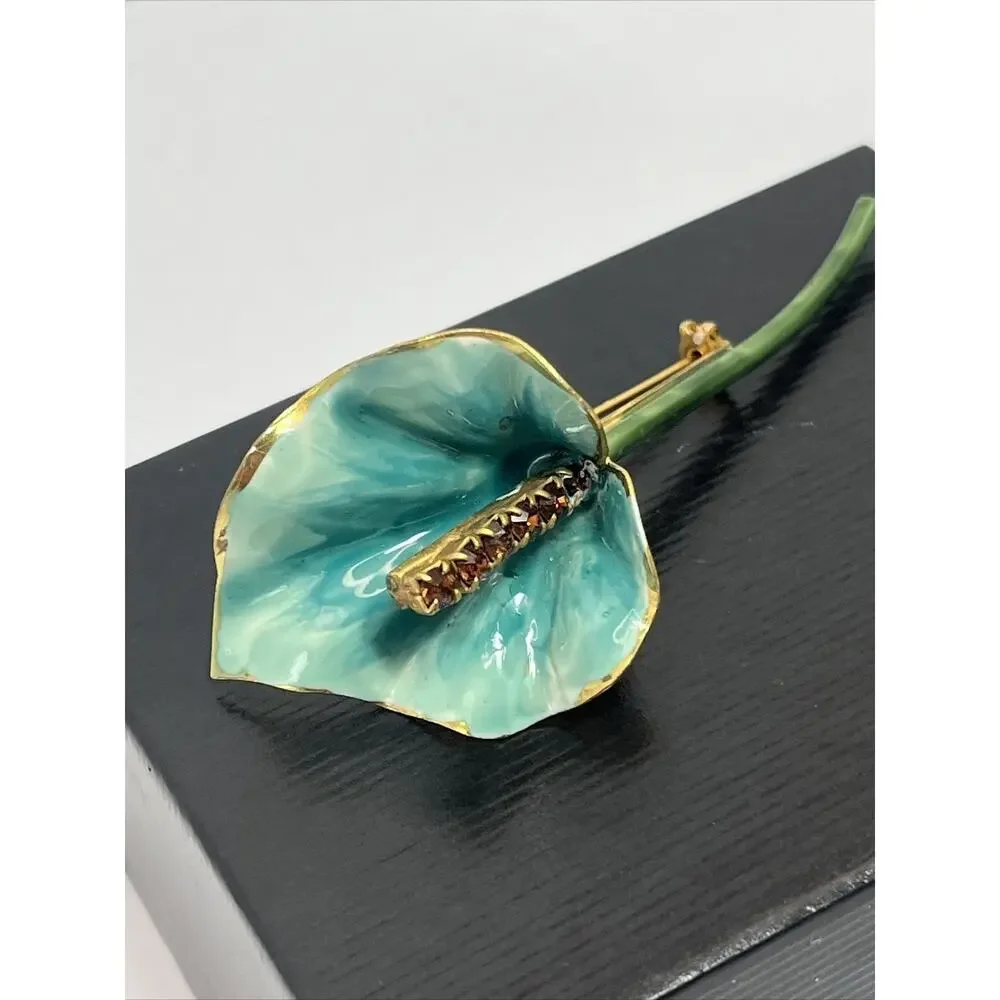 Sandor Vintage Brooch Gold Tone Enamel Green Blue Flower Amber Tone Rhinestone